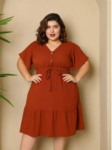Batwing Dress Plus Size Midi Short Sleeve Duna Fabric Size U/G1 From 44 To 50 With Front Buttons Fashion Elegant Simple Casual Elegant Party Ruffle Hem Buttons On The Front Knot Wedding - 赤土橙色 - 查看 2