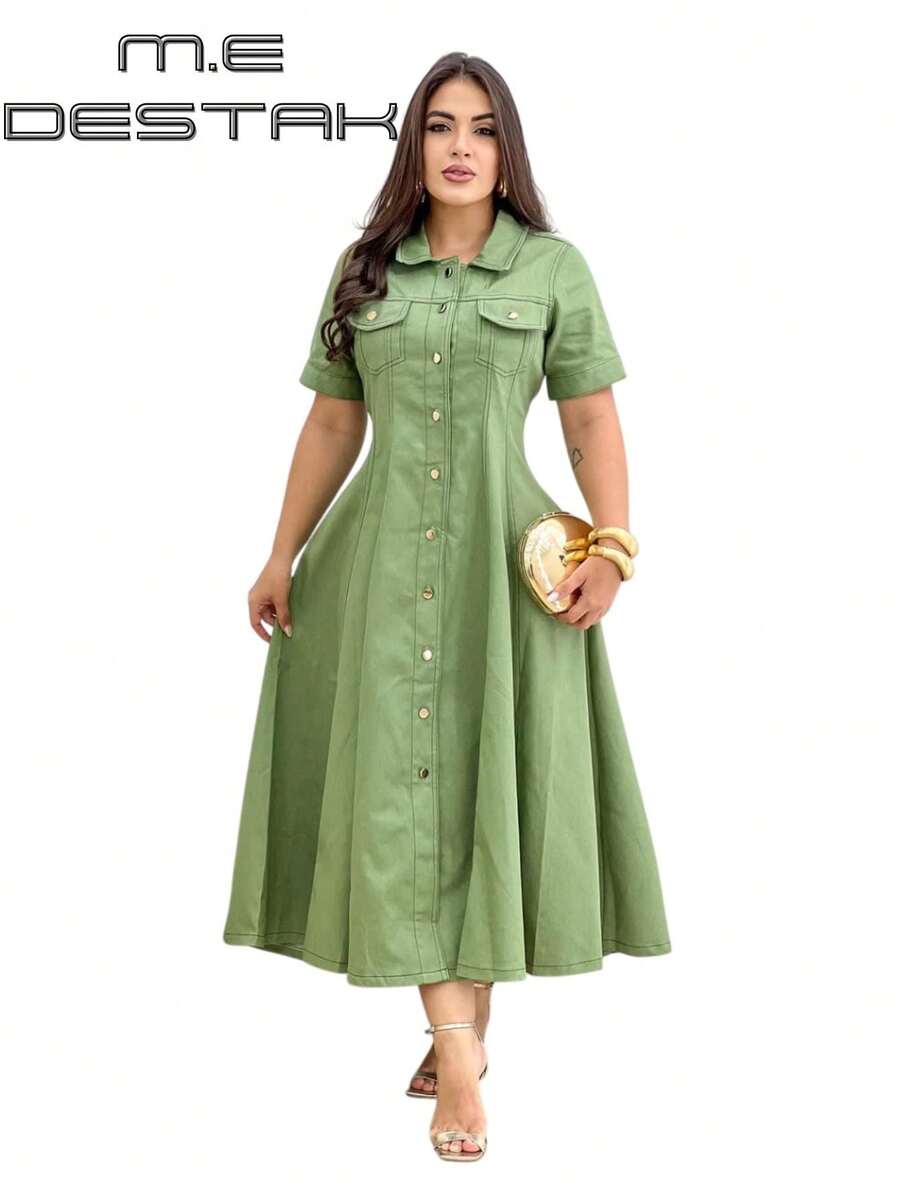 Women's Midi Dress Sensory Tailoring Gold Buttons Elegant Shirt Collar Short Sleeve - 水綠色 - 查看 1