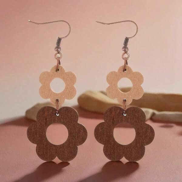 1 Pair Vintage Hollow Patchwork Wood Flower Drop Earrings For Women, Black White, Simple Elegant