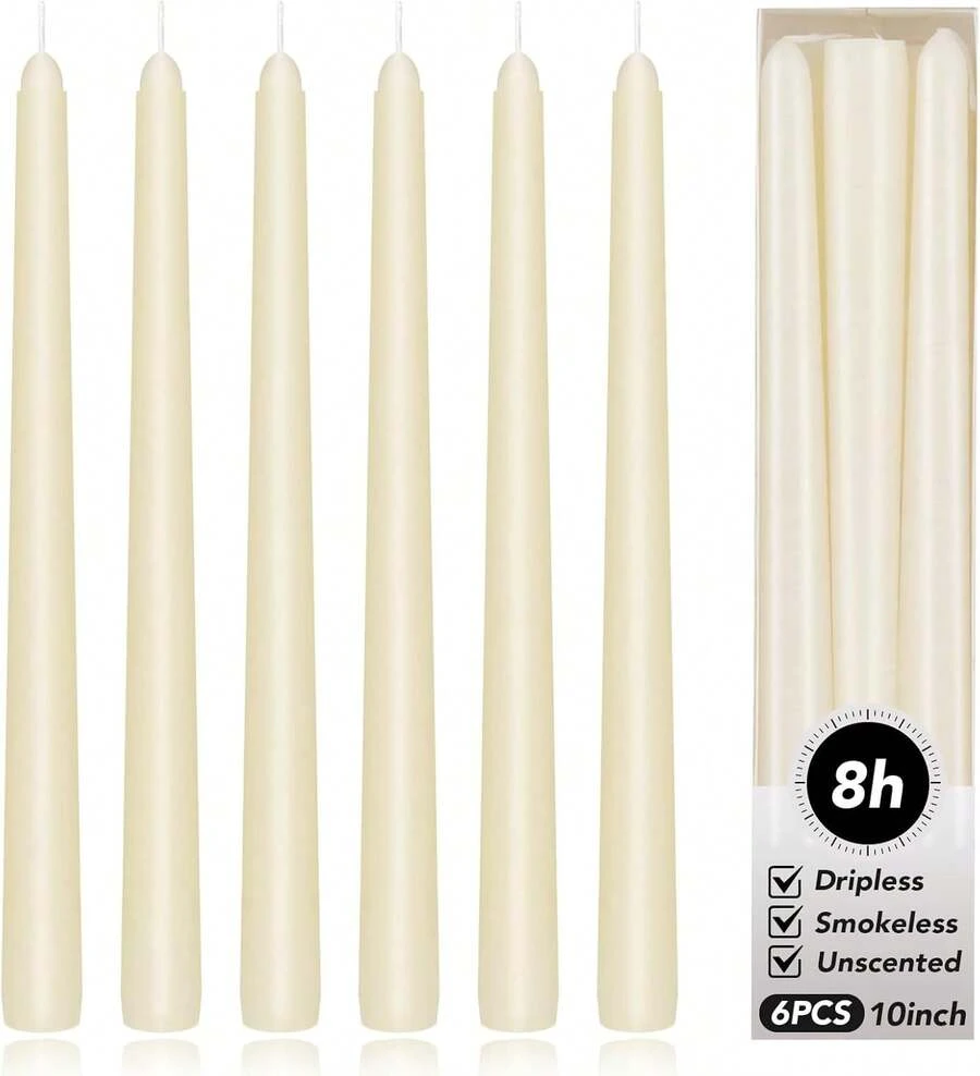 KORCCI Ivory Taper Candles 10 Inch - Set Of 6 Long Candles, 8 Hours Long Burning, Smokeless & Unscented & Dripless, Weddings, Birthdays, Dinner, Parties,, Prayer, Meditation - Đỏ - Xem 1