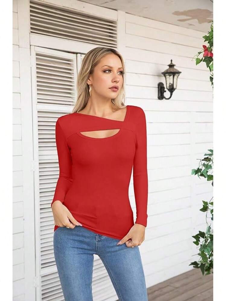 Womens Fashion Fall Cutout Long Sleeve Ribbed Slim Fitted Tops Shirts Tee Tshirts - Long-red - View 2