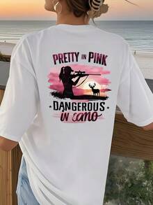 T-shirt imprimé camouflage de chasse, col rond en coton 220 g pour femme, imprimé au dos (1 pièce) - Blanc - Voir 1