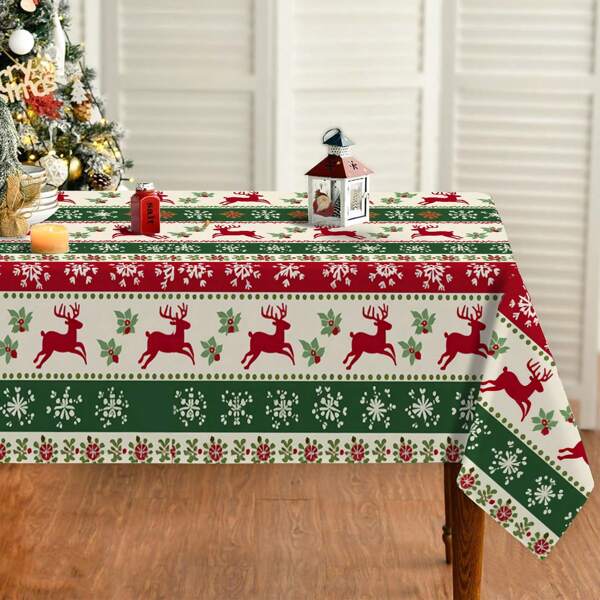 1 Peça Toalha de Mesa com Tema de Natal, Toalha de Mesa Durável de Poliéster com Padrão de Flocos de Neve e Renas, Adequada para Festa de Feriado Interna/Externa, Decoração de Jantar de Celebração, Fácil de Limpar, Design de Elementos Clássicos de Natal, Adequada para Uso Interno e Externo