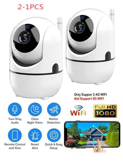 1/2 piezas Cámara de WiFi 1080P, visión nocturna a todo color, foco y sirena, audio bidireccional, panorámica/inclinación/zoom, WiFi 2.4G, seguimiento de movimiento con IA, adecuada para adolescentes, ancianos y mascotas, sistema de vigilancia de doméstica interior y exterior