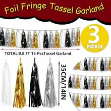 3P Metallic Fringe Tassel Banner Garland Foil Tinsel Streamer Wall Hanging Curtain Backdrop Banner For Parade Floats, Graduation Decorations, Father's Day Party Decoration(Silver)Halloween Christmas New Year - Black Gold Silver - 查看 2