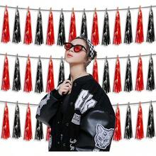 3P Metallic Fringe Tassel Banner Garland Foil Tinsel Streamer Wall Hanging Curtain Backdrop Banner For Parade Floats, Graduation Decorations, Father's Day Party Decoration(Silver)Halloween Christmas New Year - 黑色紅色 - 查看 4