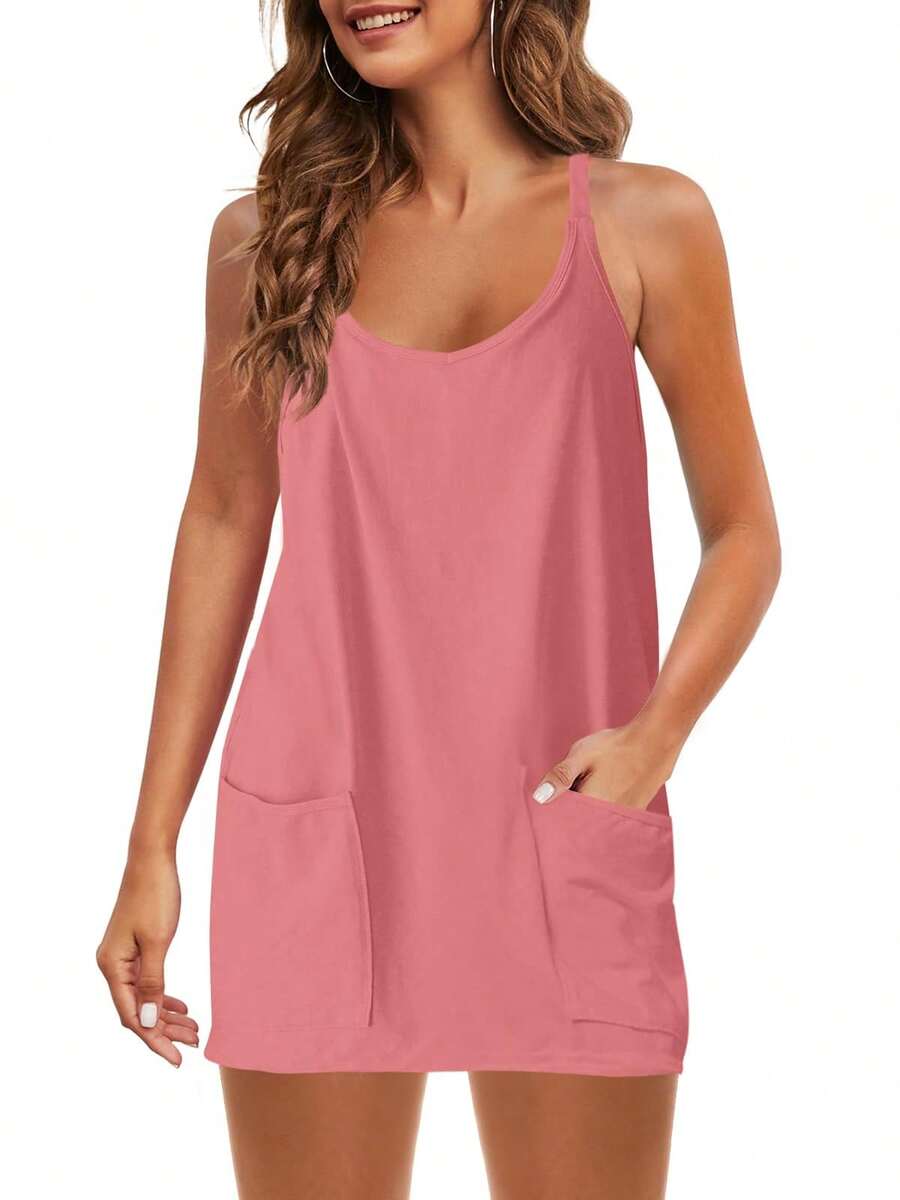 Womens Sleeveless Athletic Hot Shot Mini Dress With Built-In Shorts Sundress - Pink - View 1