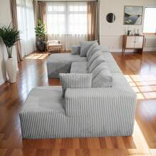 "133" Boneless Couch Sofa Set - U-Shaped 4-Piece Corduroy Couch With Chaise Lounge (Gray) - No Assembly Required, 8 Throw Pillows Included - Oversized Living Room Seating - Grey - View 10