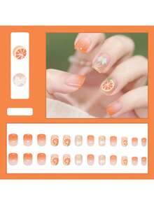 24 件短方形美甲 - 简约法式俏皮橙色蝴蝶结光泽假指甲，活泼可爱，带有精细的闪光，全覆盖且易于粘贴的设计，适合日常使用，耐用且时尚的美甲配件，高品质按压式指甲，表面光滑，时尚爱好者的必备品