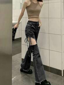 Women's Fashion Hollow Out Drawstring Frayed Hem Flare Leg Jeans - Black - View 1