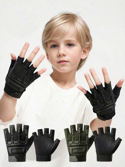 2双/1双儿童运动防护半指手套，半指自行车手套，防滑无指自行车手套，防震运动训练手套，适合男孩和女孩