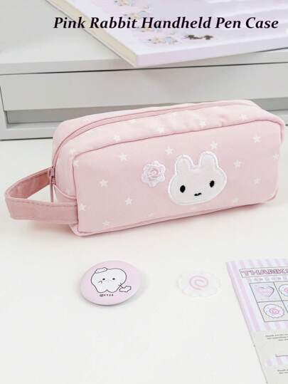 1pc Pink Cute Rabbit Design High-Capacity Pencil Case, Fashionable Handbag For Stationery & School Supplies
