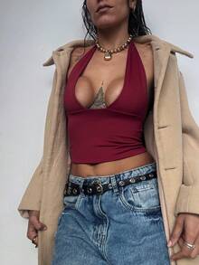 Halter Neckline Top - 酒紅色 - 查看 1