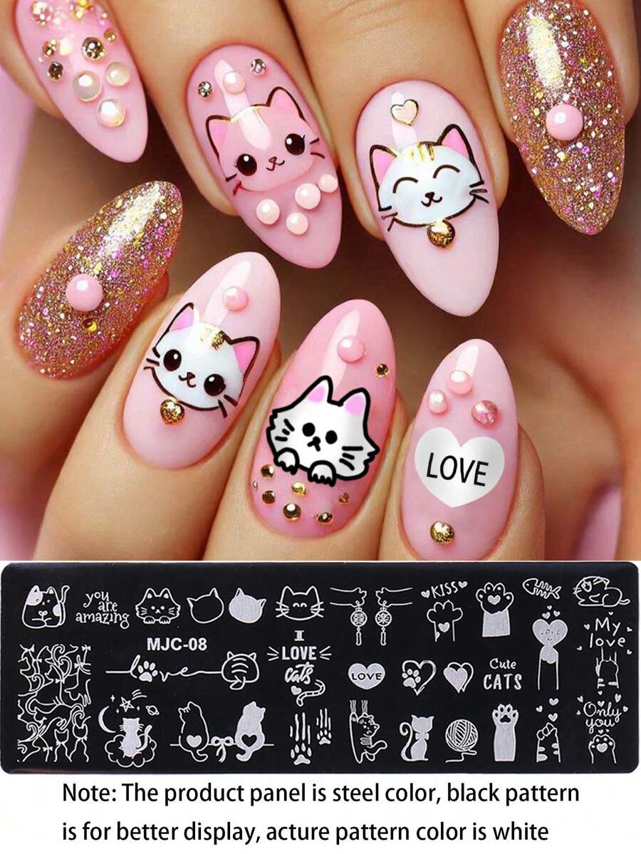1件可爱卡通猫爪爱心图案美甲印花板，萌猫设计钢制美甲模板DIY印花美甲配件工具，美甲用品 - 銀色 - 查看 1