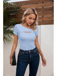 Womens Fashion Fall Cutout Long Sleeve Ribbed Slim Fitted Tops Shirts Tee Tshirts - 短款藍灰色 - 查看 8