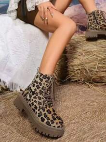 Plus Size Leopard Print Chunky Heel Short Ankle Boots For Teens Girls, Snug Fit Effect, Suitable For Spring & Autumn - Apricot - View 5