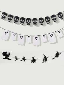 3pcs/Set Halloween Banner,Halloween Decor,Hanging Ghost Banner Witch Banner Skeleton BannerWhite Glitter Halloween Party Ghost Banner For Haunted Houses Doorways Indoor Outdoor Home Decor Haunted Mansion Halloween Ghost Decorations - Multicolor - View 2