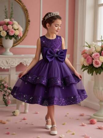 Elegant Party Dress For Girls With Round Neck, Sequins, Bow Tie And Tulle, Suitable For Party And Holiday Celebration, Headband Not Included