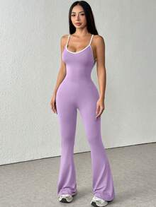 一件式无袖纯色薄款吊带撞色紧身连体裤阔腿喇叭休闲性感露背连体裤塑身连体裤夏季 - 淡紫色 - 查看 2
