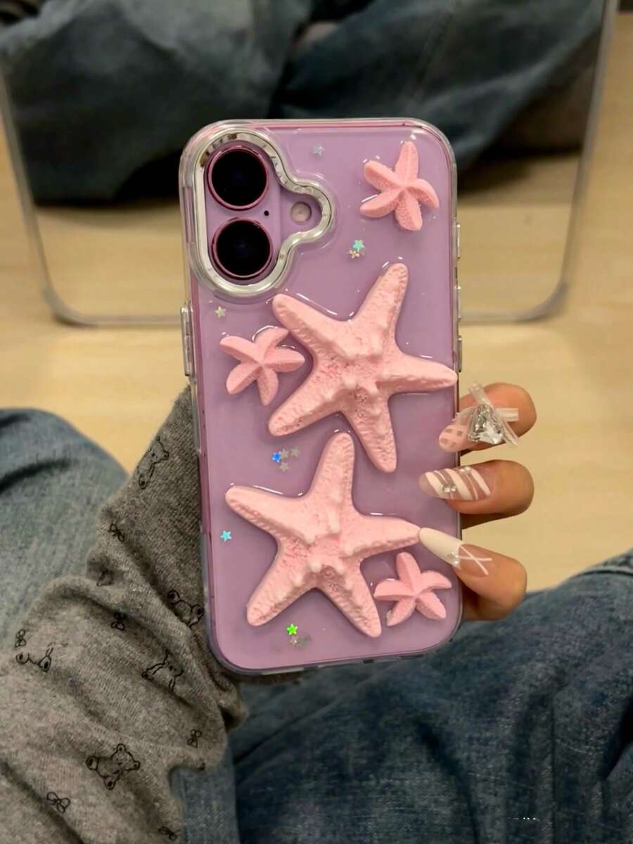 Funda de teléfono 3D de resina con estrellas de mar rosas de diseño creativo de la Princesa Concha de Zheng Rouci, compatible con iPhone 16/15 ProMax/iPhone 14 Pro, iPhone 13 con bordes redondeados y protección contra golpes