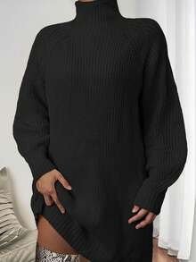 Plus Size Solid Color Turtleneck Plus Size Ribbed Knit Sweater Dress, For Winter