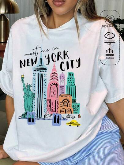 T-shirt da donna in cotone a coste, disegno della città di New York, abbigliamento sportivo da donna in stile college per la primavera e l'estate, top a maniche corte da donna bianchi, morbidi e traspiranti.