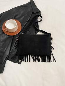 1 pieza Bolso bandolera de uso casual y versátil de moda con cremallera suave de PU negro, decoración con borlas, adecuado para uso diario de mujeres - Negro - Ver 8