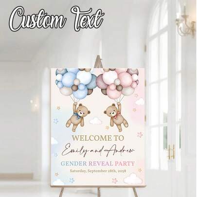 1 pièce - Affiche de bienvenue personnalisée pour la révélation du de l'ours, logo de révélation du personnalisé, affiche de fête de bébé avec ours rose et bleu, logo de cour "Lui ou Elle", style neutre pour le couloir de la porte opposée, affiche d'ours personnalisée, affiche de bienvenue d'ours, affiche sur canevas sans cadre personnalisée - Art mural personnalisé avec vos photos, décoration murale, faveurs de enterrement de vie de jeune fille