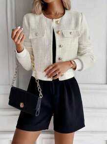 Women's Elegant All-Season Fall Jacket, Solid Color Front Metal Button Pocket Faux Pocket Ribbed Tweed Round Neck Coat - Beige - View 4