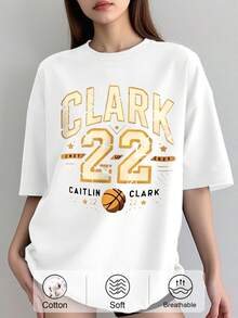 Clark 22 Caitlin T-Shirt, Loose Fit Drop Shoulder T-Shirt With Letter Print Graphic Tees Women Tops Short Sleeve Round Neck Casual Fashion T-Shirt,Perfect For Parties And Birthdays - 白色 - 查看 1