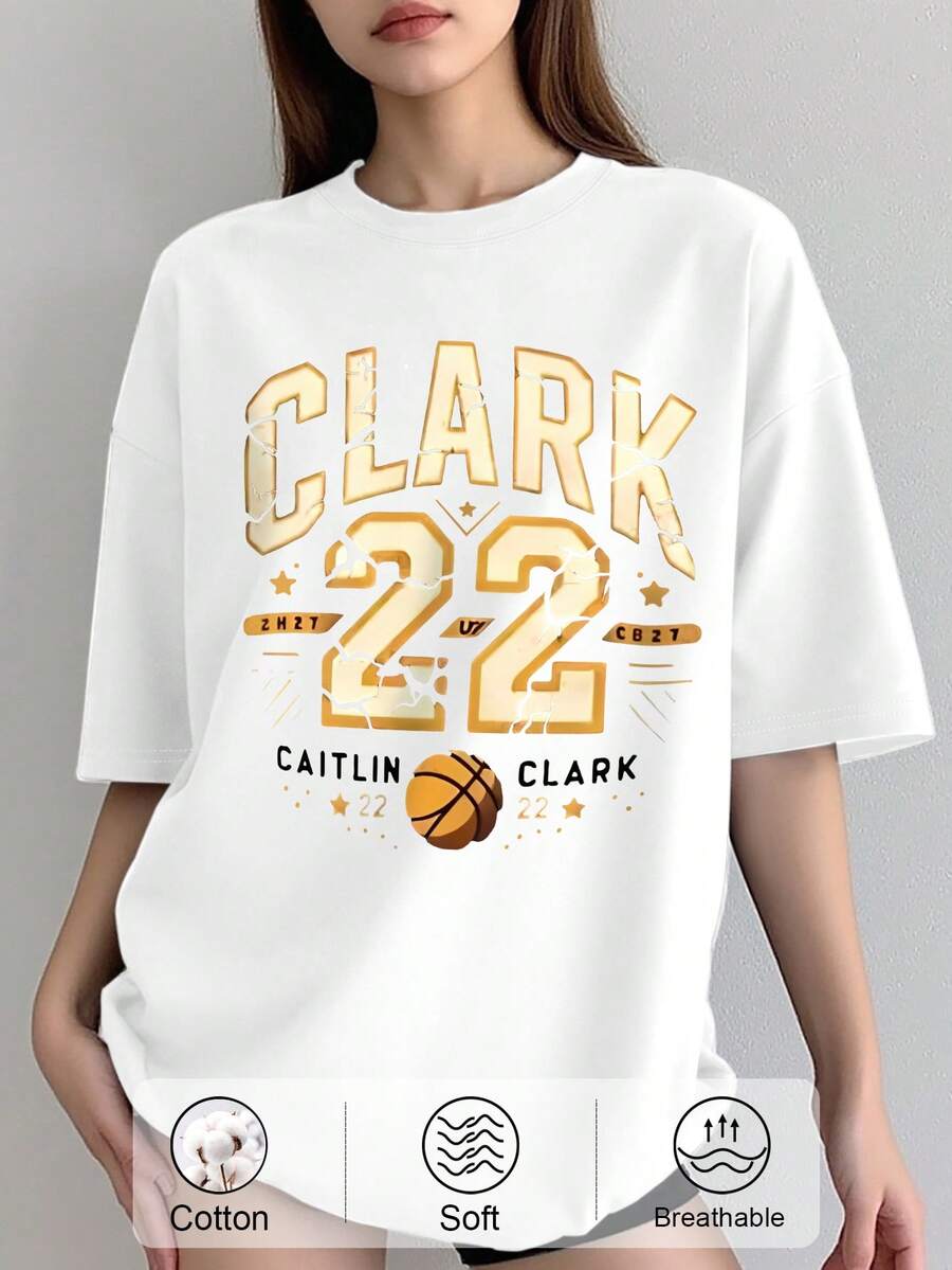 Clark 22 Caitlin T-Shirt, Loose Fit Drop Shoulder T-Shirt With Letter Print Graphic Tees Women Tops Short Sleeve Round Neck Casual Fashion T-Shirt,Perfect For Parties And Birthdays - 白色 - 查看 1