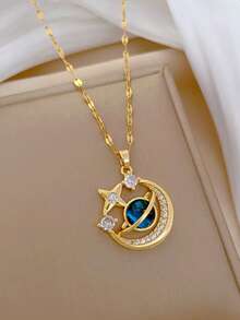 1 件女士精致水钻星星和月亮项链，简约星座颈链，聚会礼物 - 金黃色 - 查看 1