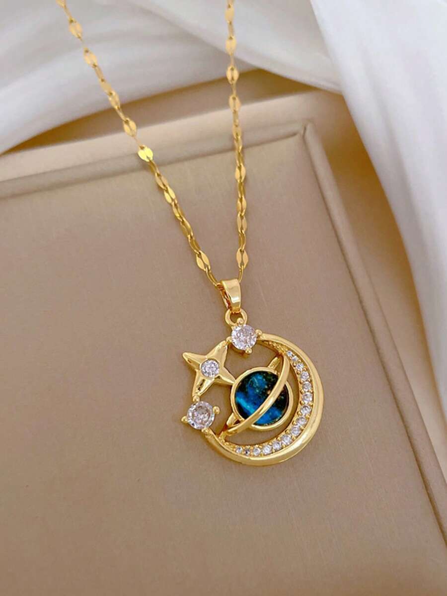 1 件女士精致水钻星星和月亮项链，简约星座颈链，聚会礼物 - 金黃色 - 查看 1