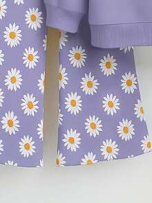 Conjunto floral para niños pequeños, sudadera de cuello redondo de manga larga color morado + pantalones acampanados, adecuado para primavera/otoño - Púrpura malva - Ver 6