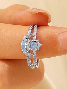 2件套S925纯银优雅日月戒指套装，适合女性日常佩戴、约会礼物、情侣戒指、精致珠宝礼品 - 日月光輝套戒 - 查看 1