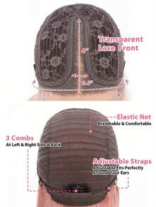 QVR QUEEN VIRGIN REMY Tóc giả bobo ren phía trước kiểu T-part 100% tóc thật, có tóc con, tóc Remy nguyên chất, tóc giả ren rẽ ngôi giữa, đường chân tóc tự nhiên, màu hồng ombre, tóc giả không cần keo dán dành cho nữ. - S4/PINK - Xem 6