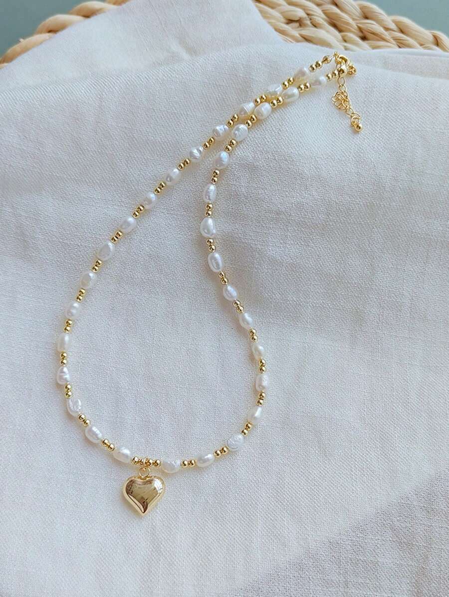 1pc Women Natural Freshwater Pearl Necklace With Heart Pendant, Minimalist Beaded Choker Necklace, Versatile For Daily Wear