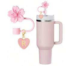 2 件/套心形和字母花卉可重复使用吸管盖，粉色杯字母标记，以及硅胶花卉吸管盖，适合 10 毫米大直径吸管，现代简约玻璃杯的可爱字母配件