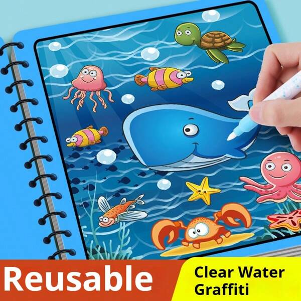 1pc Magic Water Painting Notebook Repeatedly Graffiti Water Handmade Painting Notebook Coloring Painting, Educational Magic Watercolor Painting Book, Reusable Graffiti Filling Book, Art Activity Painting Set, Ocean, Animal, Transportation, Dinosaur, Homecoming Season Christmas Party, Birthday, Creative Festival Gift Set, Art And Craft Handicraft Set (Pen Colors Randomly Sent)