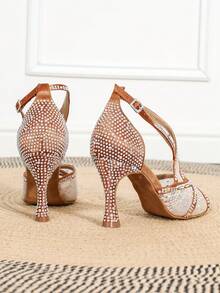 Women's Brown Latin Dance Shoes Breathable Mesh Tango Ballroom Dancing Shoes Cuban Heel Lady's Rhinestone Wedding Shoes 9cm Heel