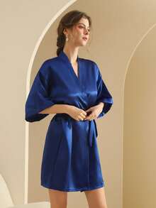 Women's Silk Nightgown Wedding Dressing Robe Lightweight Cardigan Robe Bridal Morning Robe Friend's Robe, Suitable For Home And Hotel Wear. - Navy Blue - View 4