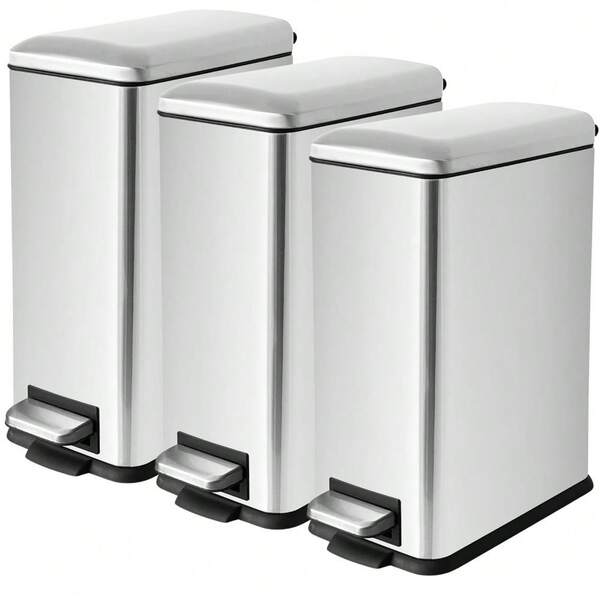 3 x 10 L, Acero inoxidable cepillado, Cubo de Basura Rectangularm con Tapa de Cierre Suave, Asa para el Transporte, Cubos interiores, acabado resistente a las huellas dactilares