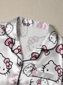 Sanrio Plus Size 3pcs Hello Kitty Silk Pajama Set, 97% Polyester 3% Elastane, Short Sleeve Button Front Lapel Bow Cartoon Cute Front Button Pocket Contrast Trim Sanrio, Outfits