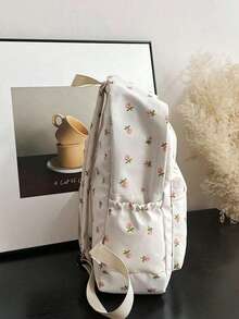 1 件白色尼龙花卉印花双拉链大容量时尚多功能背包，学生包 - 白色 - 查看 8