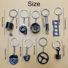 1 pieza Llavero creativo con diseños multicolor de partes de automóvil como turbina, pistón, llanta, palanca de cambios, volante, rotor, disco de freno, amortiguador, boquilla de combustible, bujía, junta del motor, aerógrafo, una llave especial, que refleja la cultura de modificación de automóviles, un regalo en forma de llavero