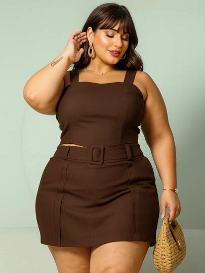 CONJUNTO FEMININO PLUS SIZE SHORT SAIA E CROPPED PONTA TECIDO BENGALINE ELASTICIDADE ALTA