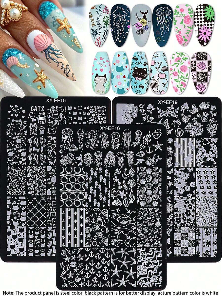 1 件夏季不锈钢美甲印花板套装，DIY 美甲印花模板，带有可爱猫咪水母海星鱼海洋蝴蝶花朵，卡通图案设计美甲印花配件工具，美甲用品