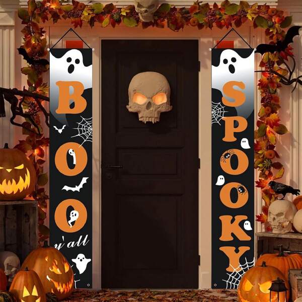 1 New Halloween Door Frame Hanging Decoration Outdoor Ghost Decoration Banner Outdoor Halloween Decoration Set. Ghost Porch Logo 11.81 * 70.86 Inches, Made Of Polyester Fiber, Does Not Require Power Supply, Devil Decoration Banner Hung On The Door Frame, Party Supplies For The Courtyard Garden Outside The Door, Halloween Design