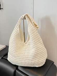 Yogodlns Women's Aesthetic Crochet Beach Shopper Tote Knitted Net Underarm Bag For Summer Versatile Shoulder Bag Women's Shoulder Bags Casual Woven Ladies Handmade Totes Large Capacity Summer Beach Female's Messenger Bag , Beach Bag , Crochet - Beige - View 9