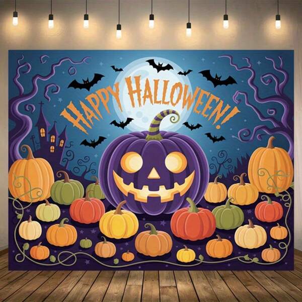 1 pieza Pancarta feliz de Halloween en 2D - Diseño de fantasma, calabaza, murciélago, luna, de poliéster para decoración de fiesta, pared, fondo de habitación - Decoración del hogar para otoño/invierno